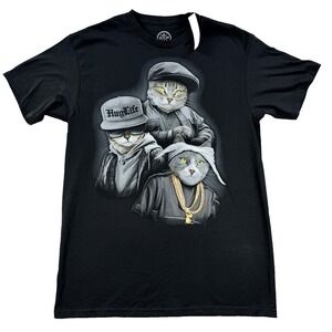 NWT Mens DOM Gangsta Cat Graphic T Shirt Black Hug Life Rap Trio Hug Life Sz Med